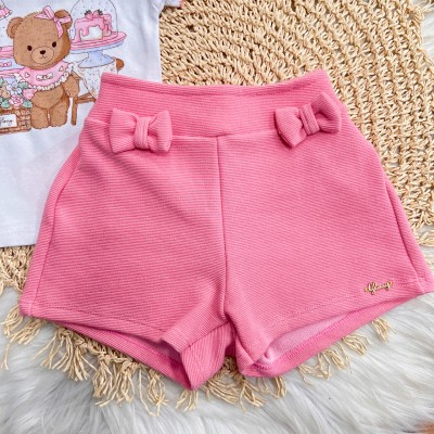Conj. Blusa Ursinha com Bolo e Short - Branco e Rosa